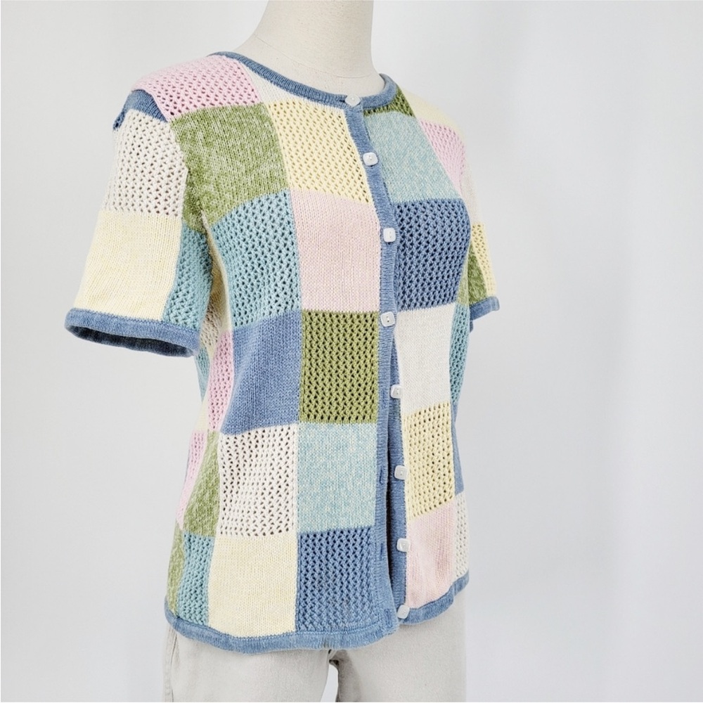 Vintage Patchwork Knit Cardigan Sweater Short Sleeve Pastel Linen Cotton Medium